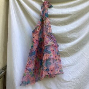 Sunday Up pink and blue one shoulder formal dress with ruffles, size medium